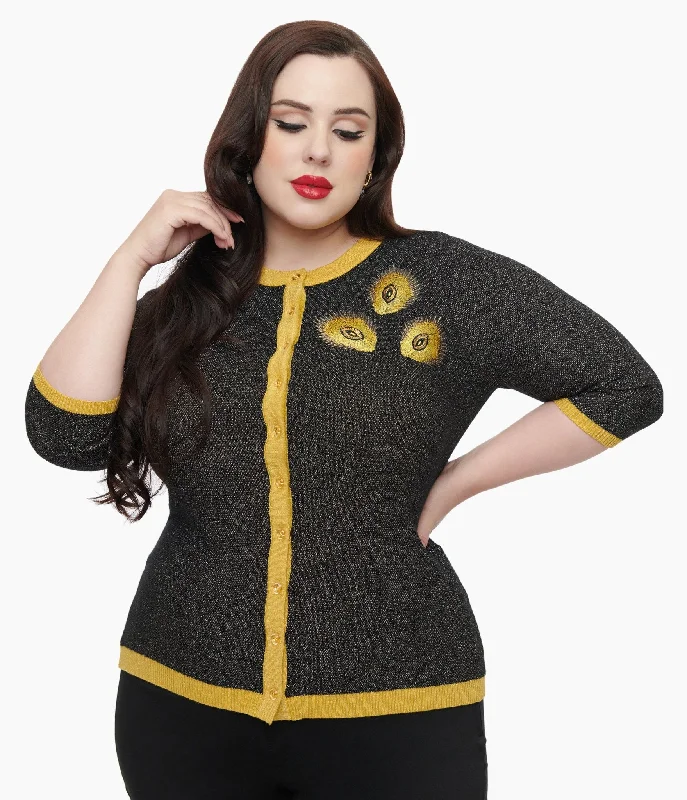 Feminine Grace Unique Vintage Plus Size 1950s Black & Gold Peacock Feather Embroidered Bookworm Cardigan