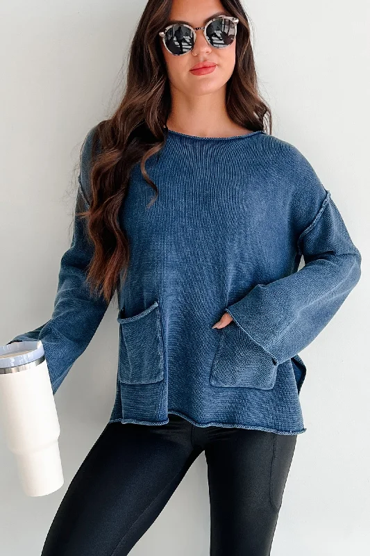 Budget Friendly Fashion Humor Me Pocketed Sweater Top (Midnight Blue)