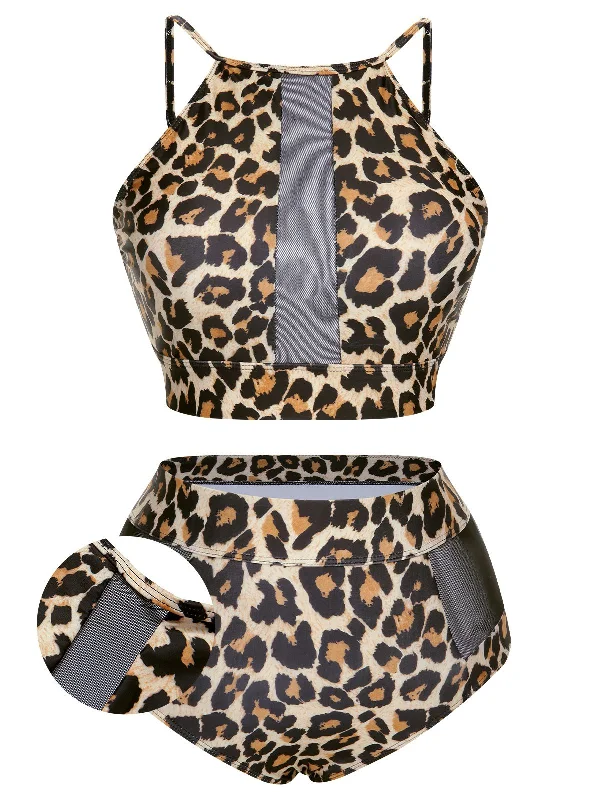 Trend Setting Wardrobe [Plus Size] 1940s Leopard Mesh Patchwork Swimsuit