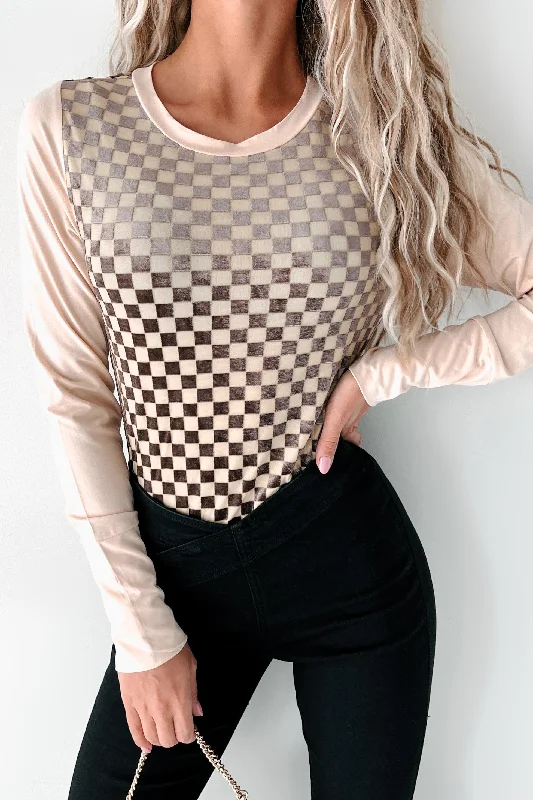 Limited Time Offer Chess Moves Velvet Checkered Bodysuit (Taupe)