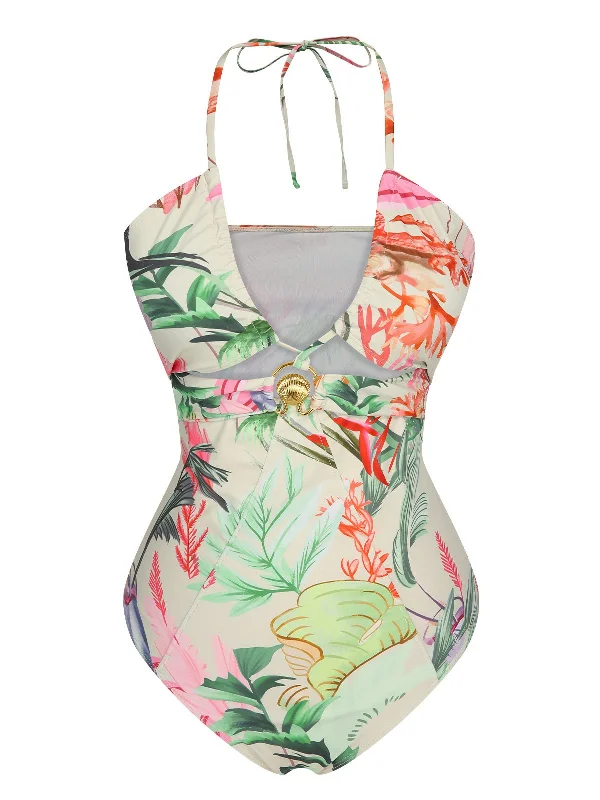 Trendy Women's Wear Collection Multicolor 1960s Chest Buckle One-Piece Swimsuit