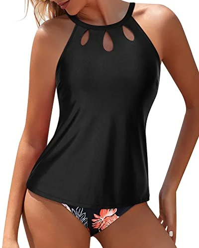 Chic Wardrobe Stylish High Neck Two Piece Tankini Swimsuit Keyhole Design-Black Orange Floral