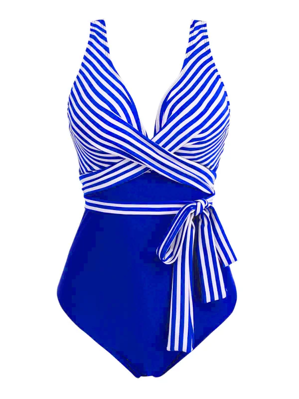 Daily Essentials [Plus Size] 1950s Stripe Lace Up Patchwork One-Piece Swimsuit