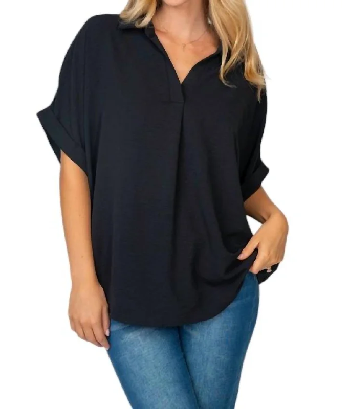 Score Big On Glamorous Red - Carpet Styles Short Sleeve Solid Woven Top In Black