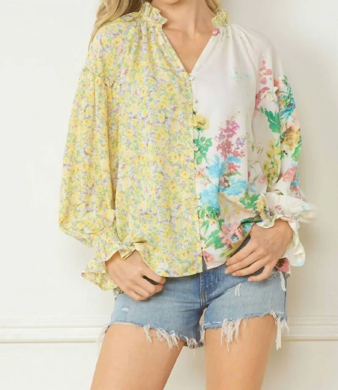 Seasonal Sale Floral Contrast Print V-Neck Blouse In Lemon And Green