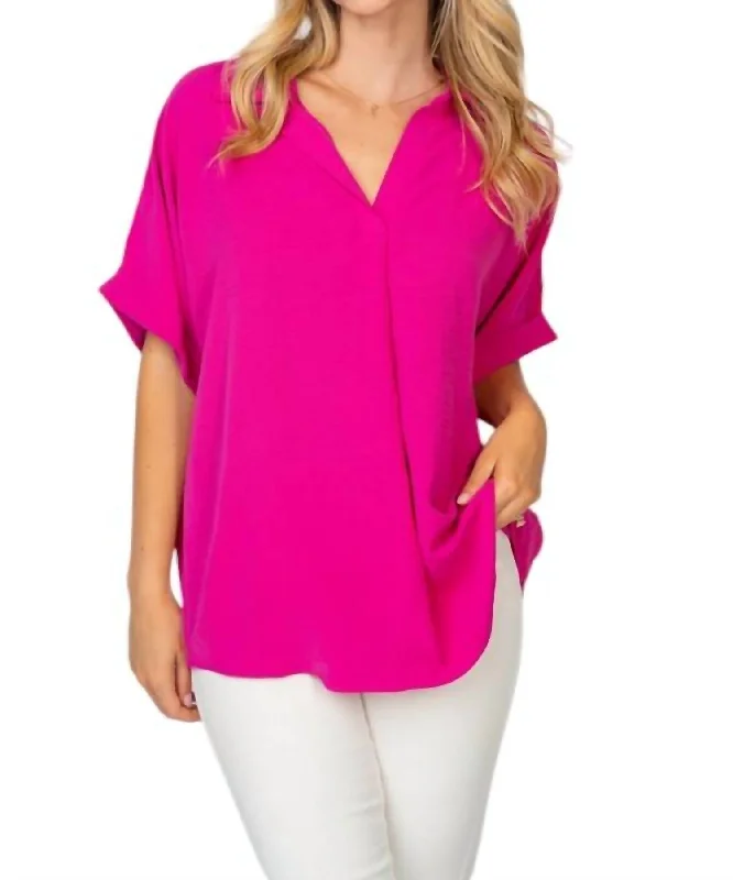 Y2K Nostalgic Fashion Look Short Sleeve Solid Woven Top In Fuchsia