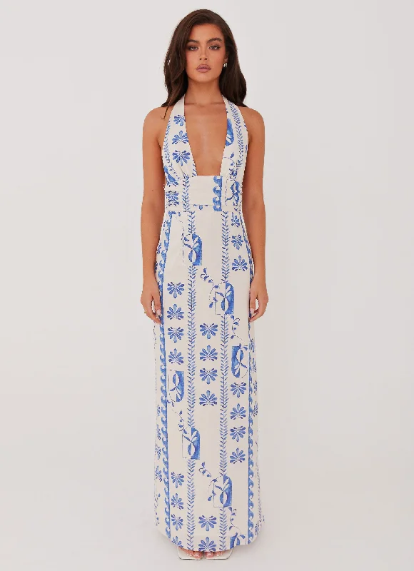 Weekend Special Sky Linen Maxi Dress - Floral Wave