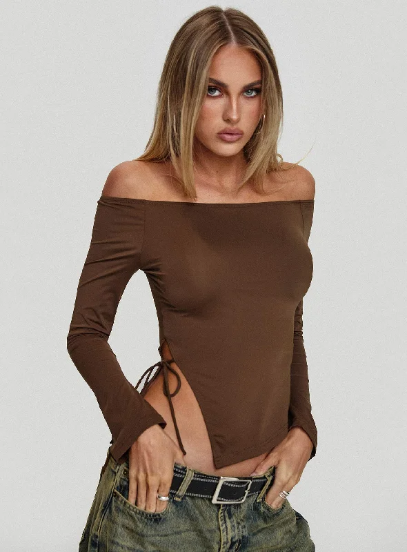 Shop Sale Items Endellion Off Shoulder Long Sleeve Top Chocolate