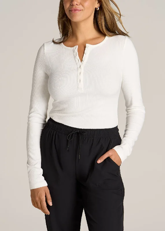 Limited Time Offers Long Sleeve Ribbed Crewneck Women's Tall Henley Shirt in Cream