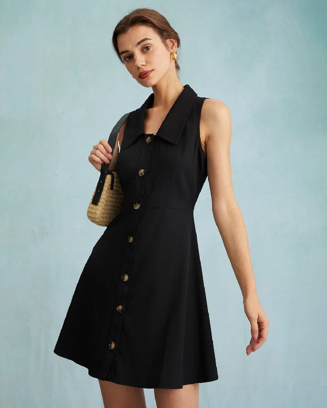 Feminine Flow The Black Collared Sleeveless A Line Shirt Mini Dress