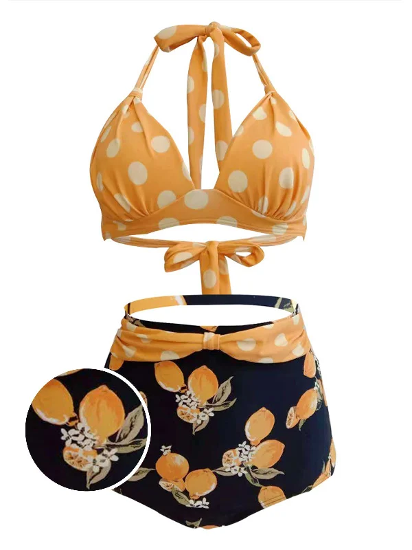 Latest Fashion Lemon Polka Dot Halter Bikini