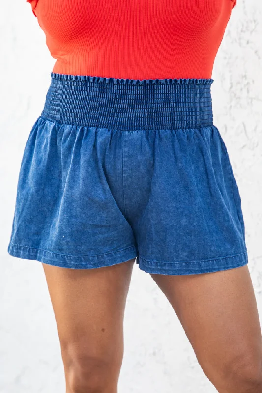 Season Offer It's Been A While Dark Wash Smocked Waist Chambray Shorts FINAL SALE