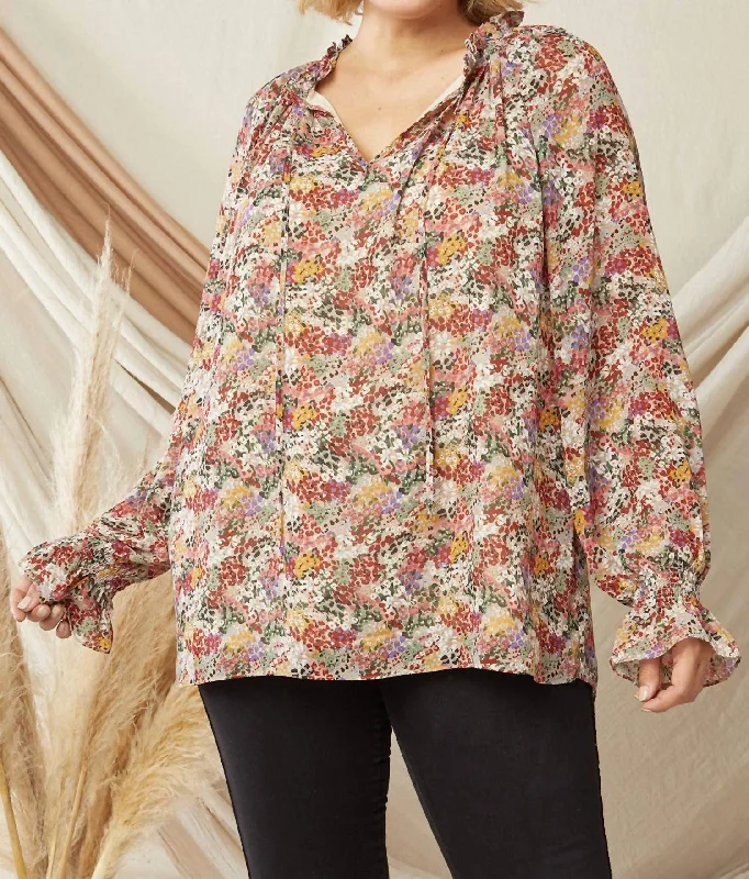 Fashion Deal Ruffle Detail V Neckline Blouse In Watercolor Floral Print