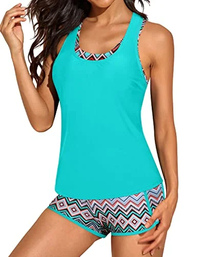 Save Big Flattering Racerback 3 Piece Tankini Swimsuits For Women-Green Tribal