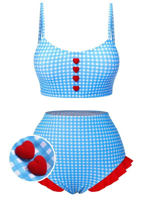 Hot Trends Blue 1950s Spaghetti Strap Button Plaids Swimsuit