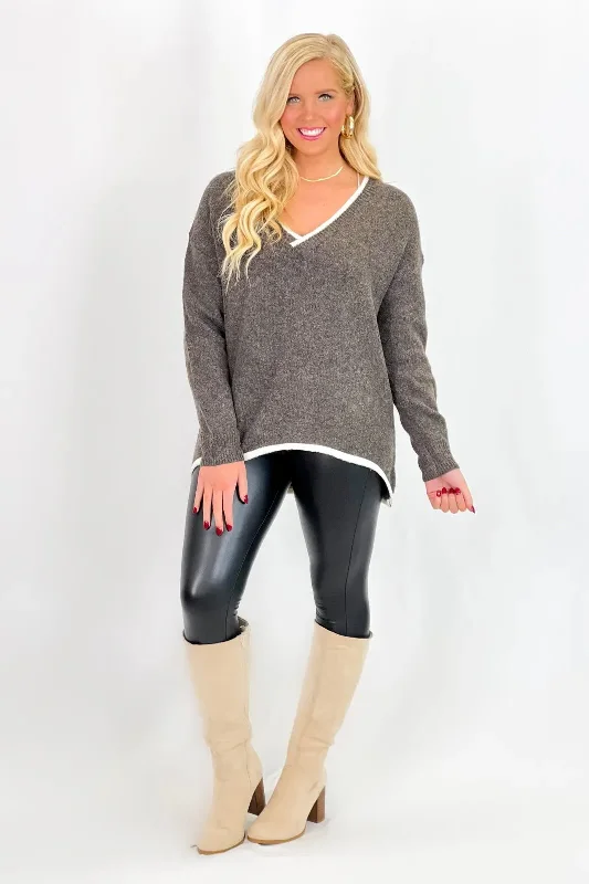 Chic Style Brown Drop Shoulder V-Neck Sweater