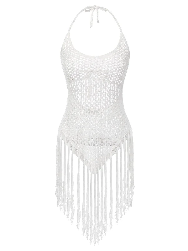 Best Sellers White 1960s Grid Halter Cover Up