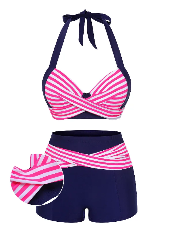 Big Savings On Rustic Countryside Styles Pink & Blue 1950s Striped Halter Swimsuit