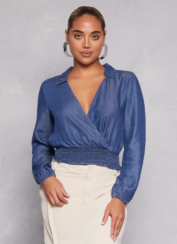 Spring Fashion Chambray Faux Wrap Crop Top