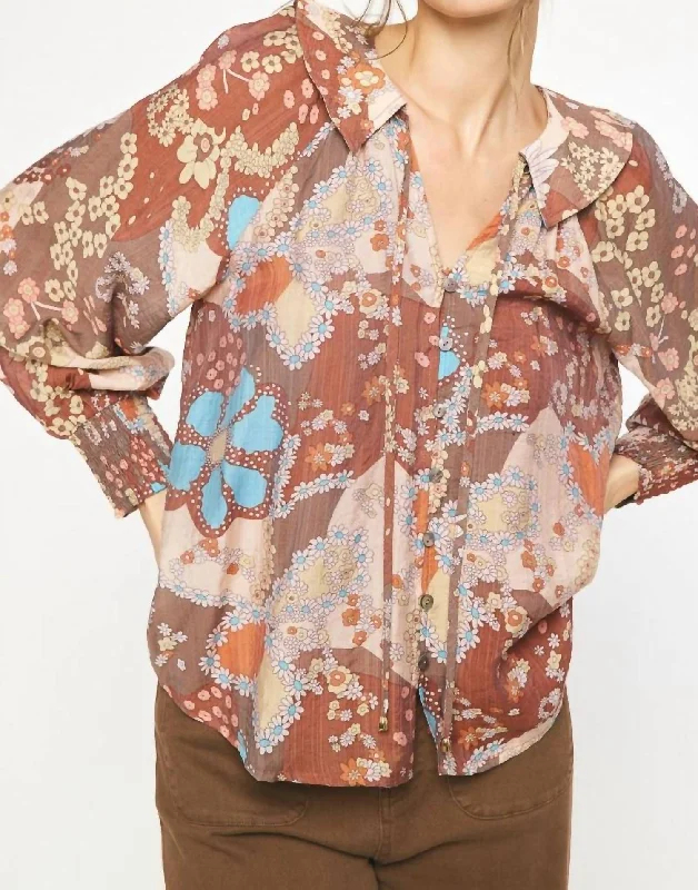 Trendy Styles Floral Babydoll Blouse In Brown