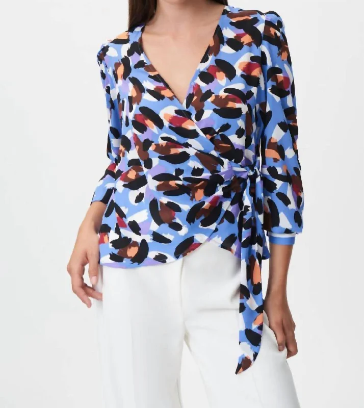 Trend Alert Brushstroke Side Tie Blouse In Blue/multi