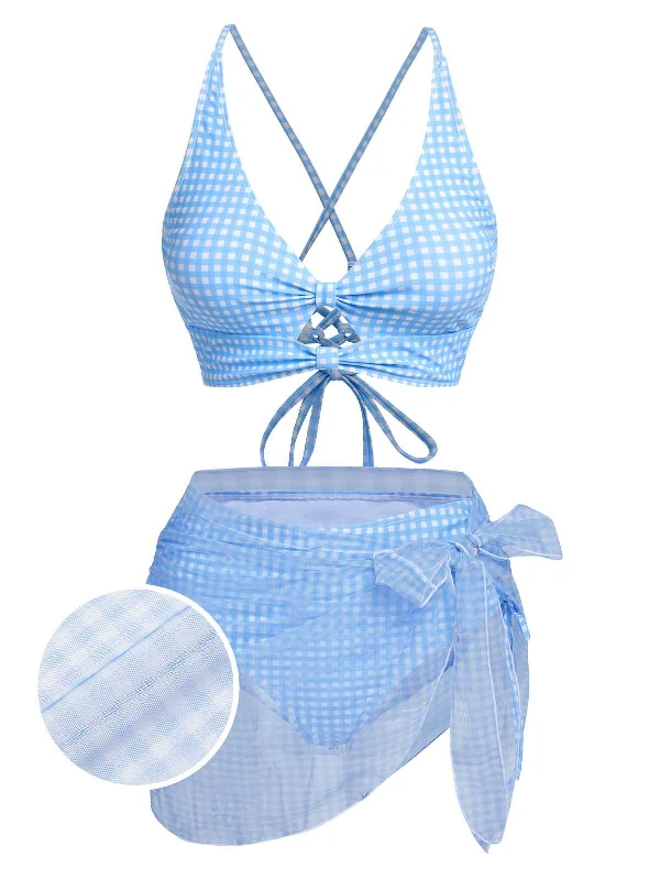 Feminine Grace 2PCS Blue 1950s Plaids Swimsuit & Mesh Cover-Up