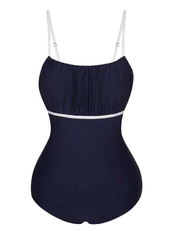 Fashion Sale Dark Blue 1930s Spaghetti Strap Pleated Swimsuit