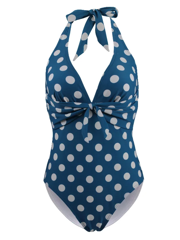 Classic Timeless Elegant Style Halter Polka Dot One-Piece Swimsuit