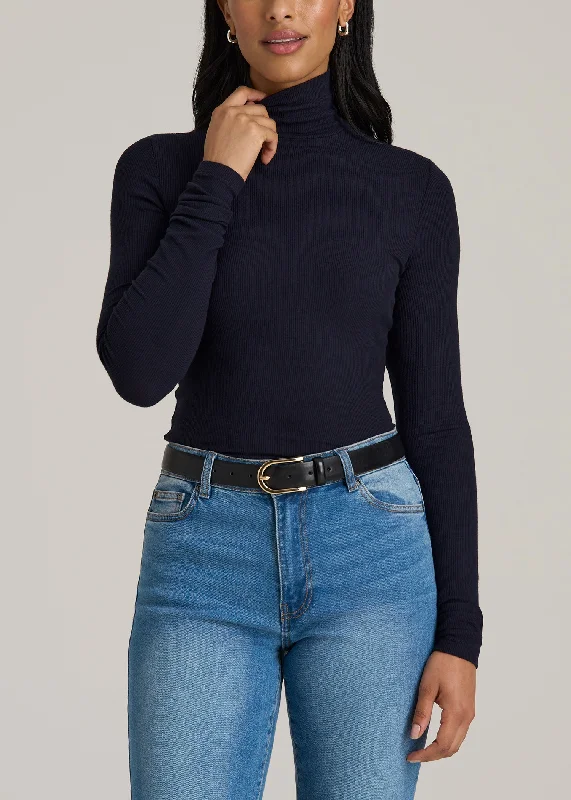 Seize Bargains Tall Women's FITTED Long Sleeve Ribbed Turtleneck Tee in Deep Navy