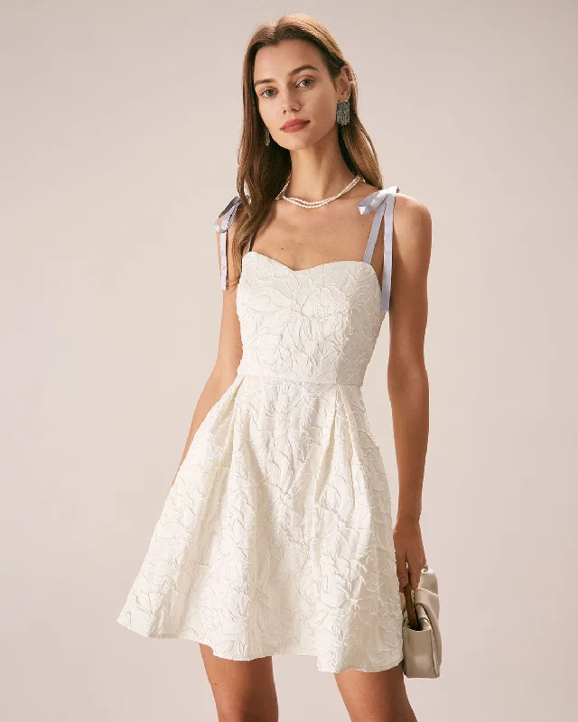 Chic Casual Style The Off White Jacquard Tie Strap Mini Dress