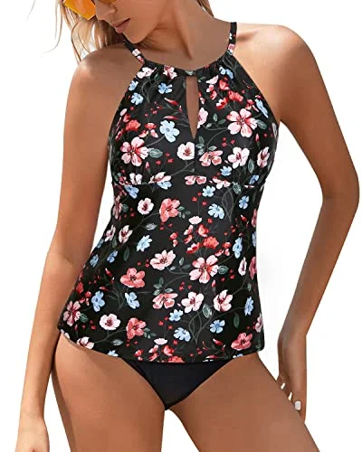 Fashion Sale High Neck Two Piece Swimsuits For Women Triangle Bottom Modest Bathing Suit-Black And Pink Floral