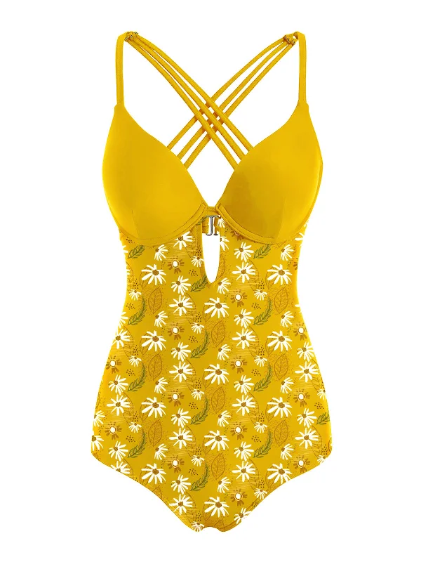 Seasonal Sale Yellow 1950s Daisy Patchwork Swimsuit