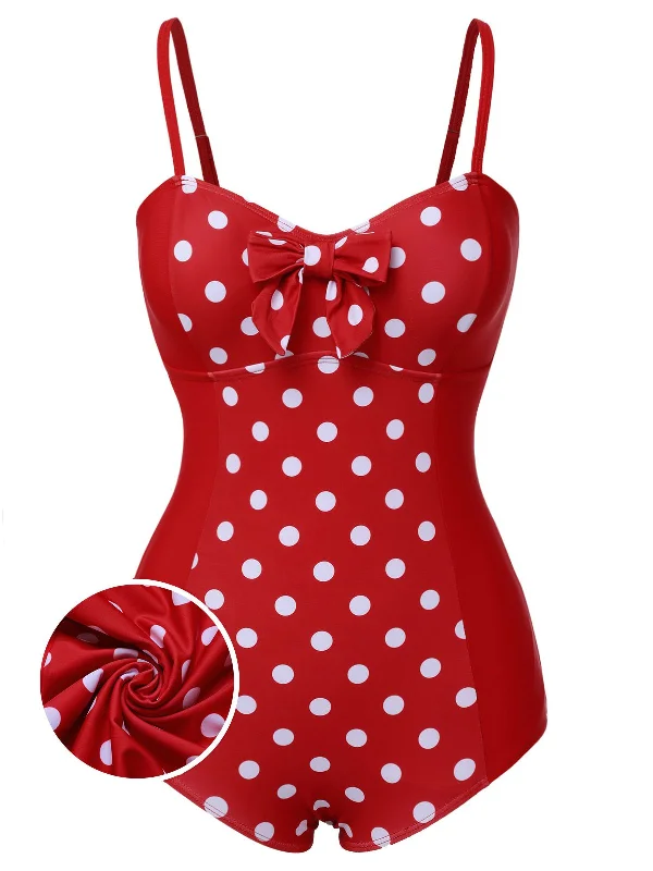 Luxury Fashion Red 1950s Polka Dot Patchwork Strap Swimsuit