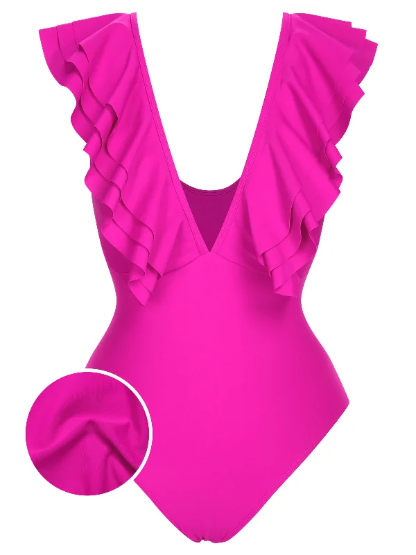 Romantic Date - Night Ensemble 1950s Solid Ruffle V-Neck One-Piece Swimsuit