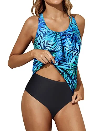 Travel Essentials Blouson Tankini Tops Bikini Bottoms Swimsuit Blouson Swimwear-Dark Blue Green Leaves