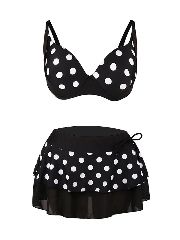 Limited Stock, Big Sale Black 1960s Polka Dot Bikini Set with Skirt