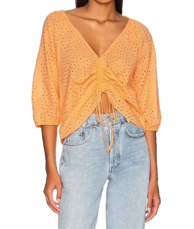 Style Upgrade Eyelet Drawstring Blouse In Washed Melon