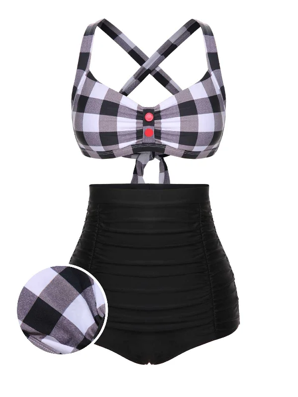 Update With Cottagecore Styles 1950s Double Strap Buttoned Plaids Swimsuit