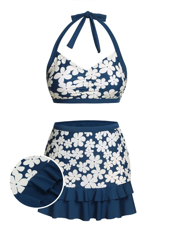 Seasonal Picks Blue 1940s Floral Ruffles Halter Swimsuit