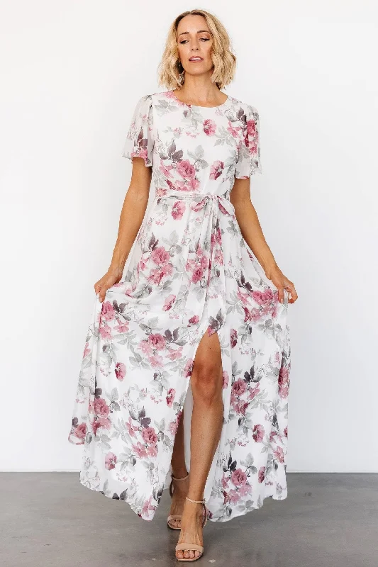 Evening Elegance Naomi Short Sleeve Maxi Dress | Off White + Rose Floral