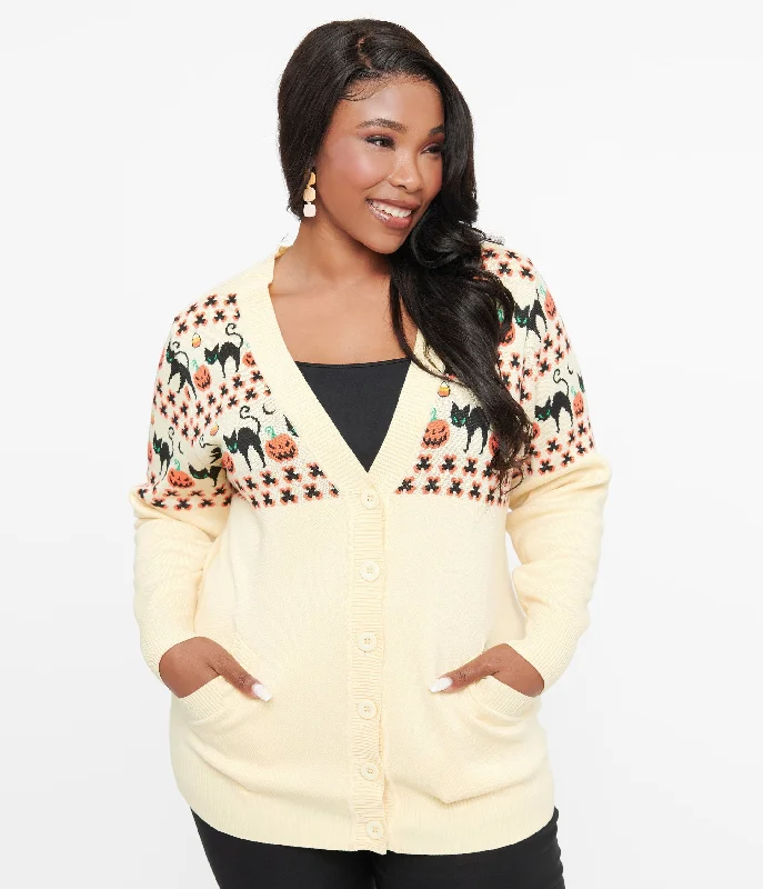 Luxe Women's Fashion Unique Vintage Plus Size 1960s Ivory & Orange Halloween Print Cardigan