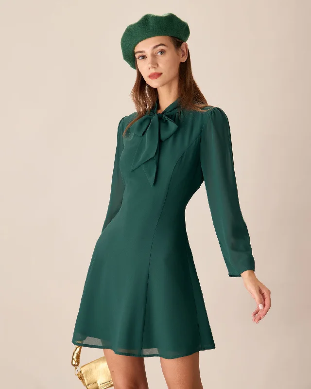 Save Big Green Tie Neck See-Through Mini Dress