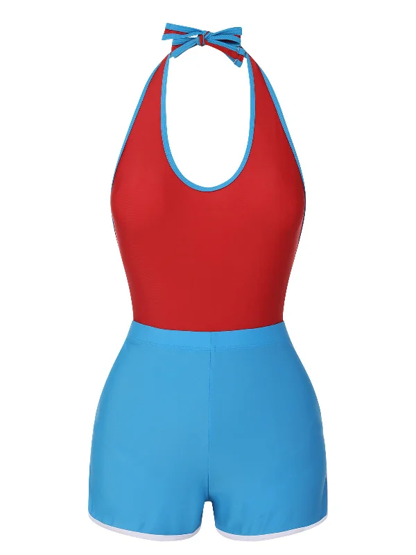 Season Sale Red & Blue 1930s Solid Patchwork Swimsuit Set