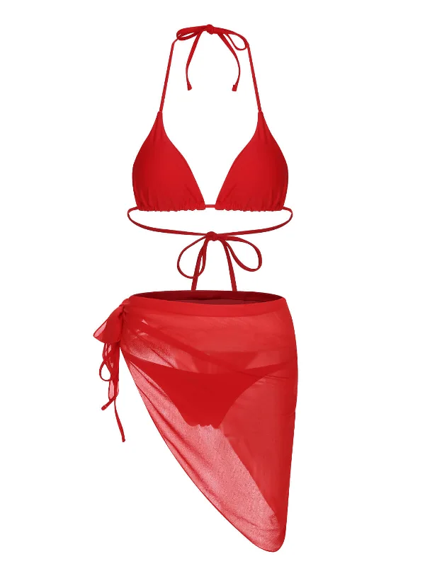 Sophisticated Style Red 1950s Solid Halter Bikini Set & Cover-Up