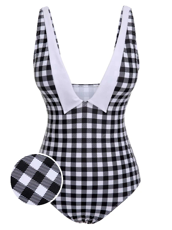 Luxe Layering Black & White 1950s Plaid One-Piece Swimsuit