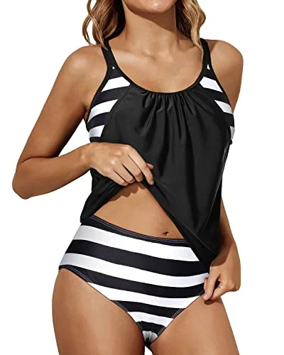 Exclusive Sale Blouson Tankini Top Bottom Double Up Bathing Suit Tankini Swimsuits For Women-Black And White Stripe