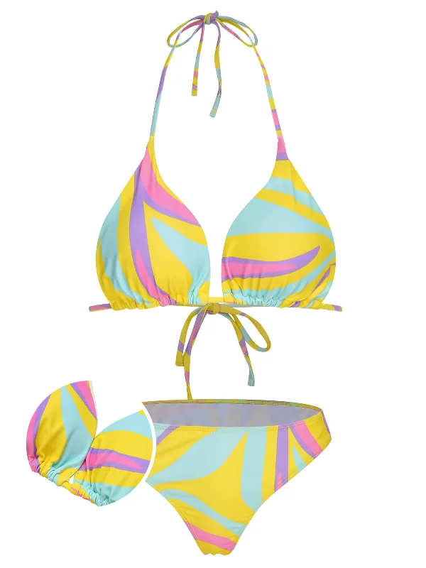 Pastel Styles 1950s Colorful Halter Bikini Set & Cover-Up