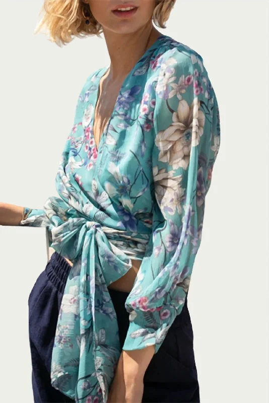 Style Upgrade Zoe Floral-Print Georgette Wrap Blouse In Sky Blue