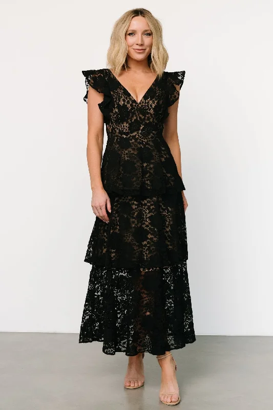 Mid - Week Surprise Margot Lace Tiered Maxi Dress | Black + Nude