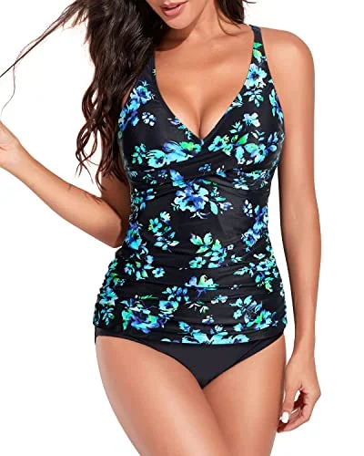 Seasonal Clearance Front Ruched Tummy Control Tankini Swimsuits For Women-Black Blue Floral